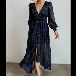 Soieblu Blue Button Front High Low Long Dress Gold Sparkle Wedding Prom NWT Lg